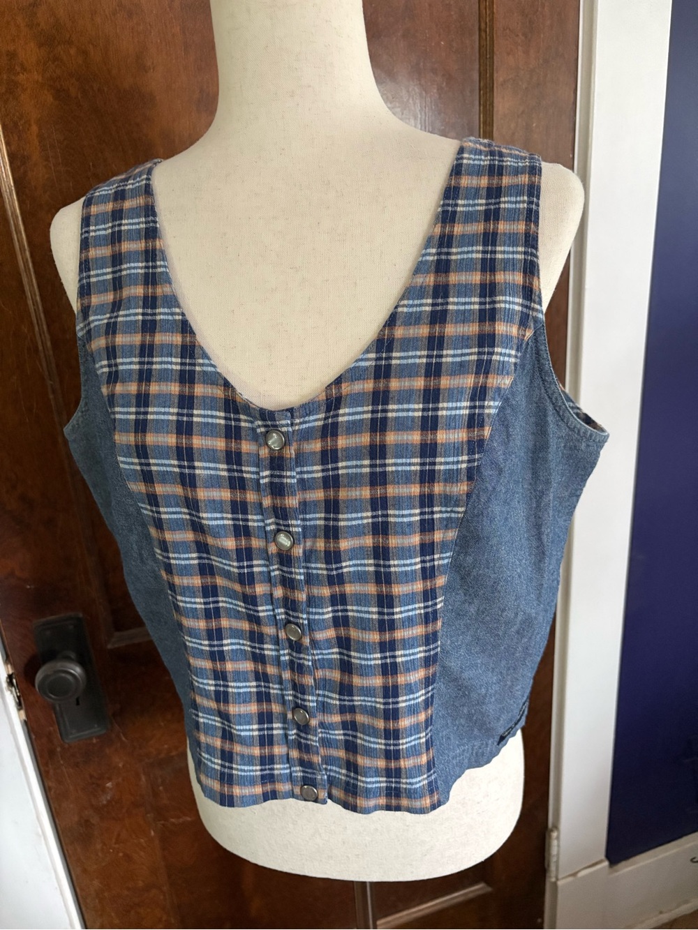 VTG 90s Harley Davidson 100% Cotton Plaid Denim Cropped Vest Top Pearl Snaps L - Picture 8 of 11